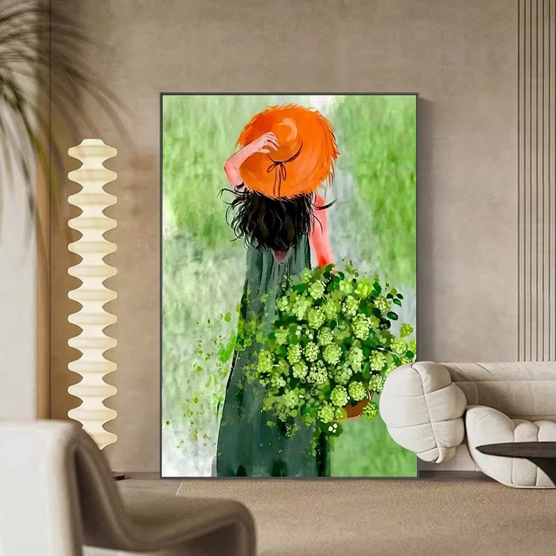 Rural Style Girl Fresh Decoration Handmade Oil Painting Living Room Sofa Background Wall Hanging Mural Foyer Corridor RestauranT
