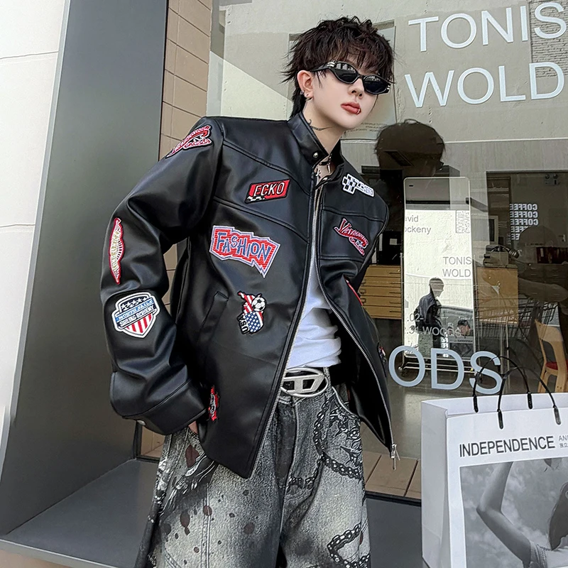 LUZHEN 2026 New Trendy Embroidery Patchwork Pattern Motorcycles Leather Jacket Men's Fashion Handsome Original PU Coat JY8720