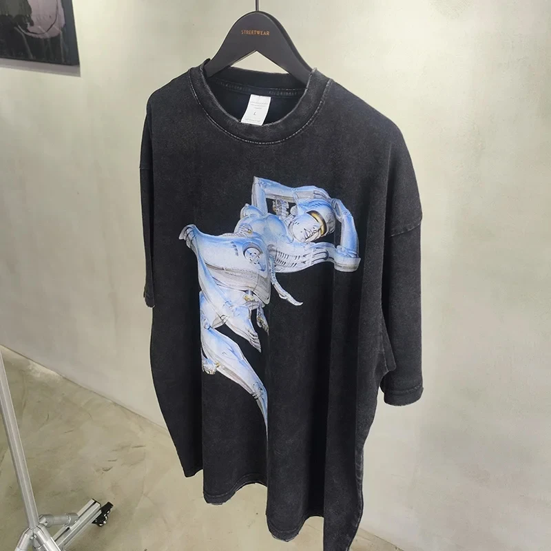 Men T-Shirt Black Streetwear Cotton Suspending AI Robot Graphic Vintage Washed Y2k Tops Tees Hip Hop Korean Oversized Clothing