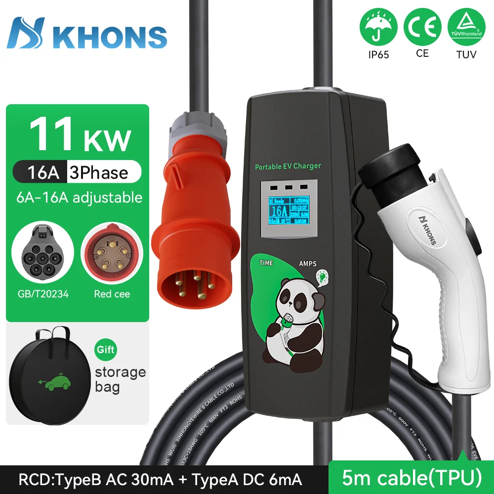 

khons GBT 11kw EV Charger Portable Charging Box Electric For Electric Car 16A 3Phase EVSE Charging 5m Cable For Electric Car