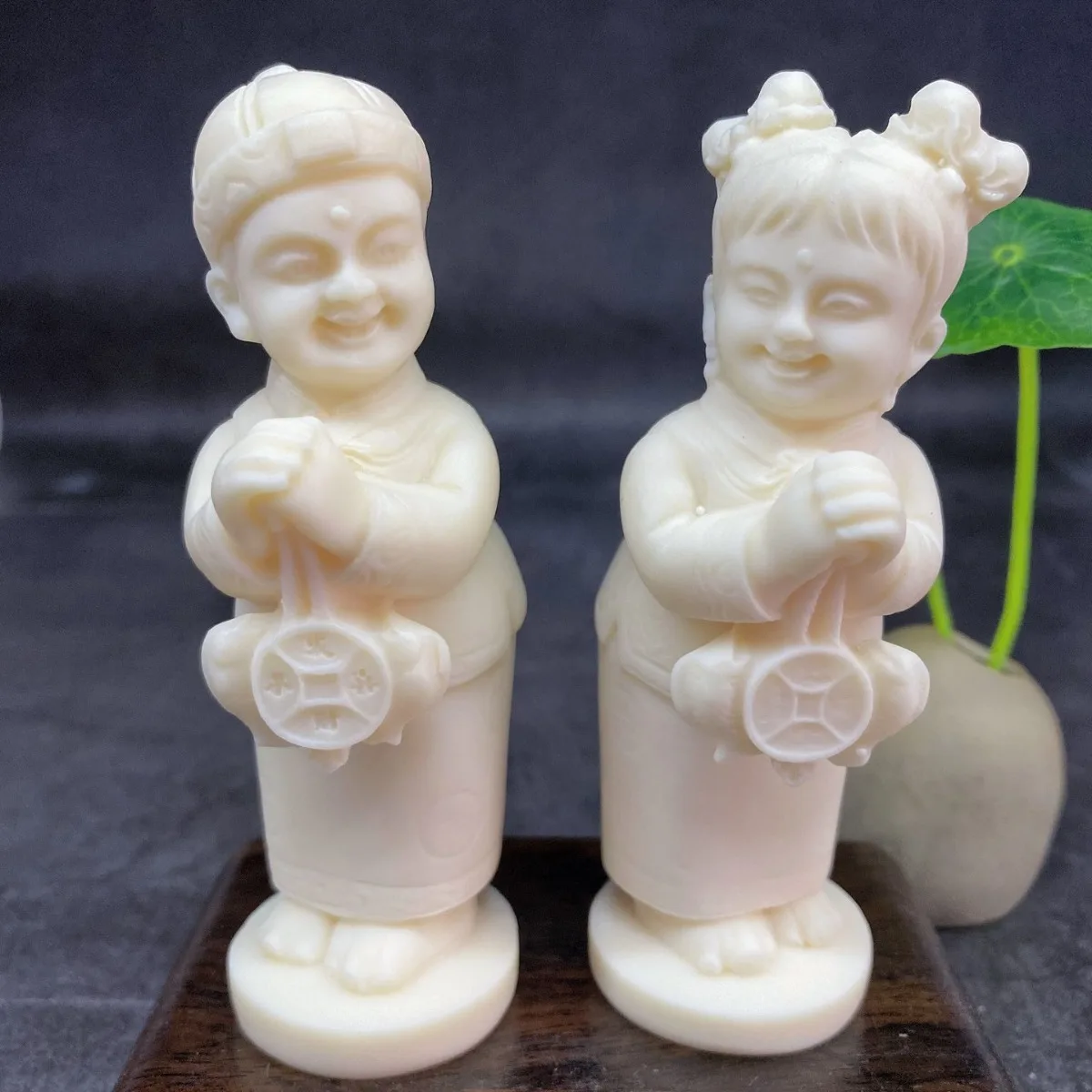 Ivory Nut Carved Golden Boy Jade Girl Gilded Guanyin Statue Peace Blessing Craft Ornament Auspicious Home Table Decor