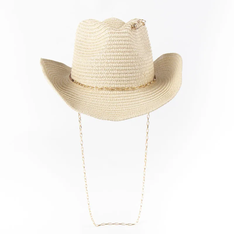 Unisex Cowboy Straw Hat Foldable Curved Pointed Chain Pin Beach Sun Fedora
