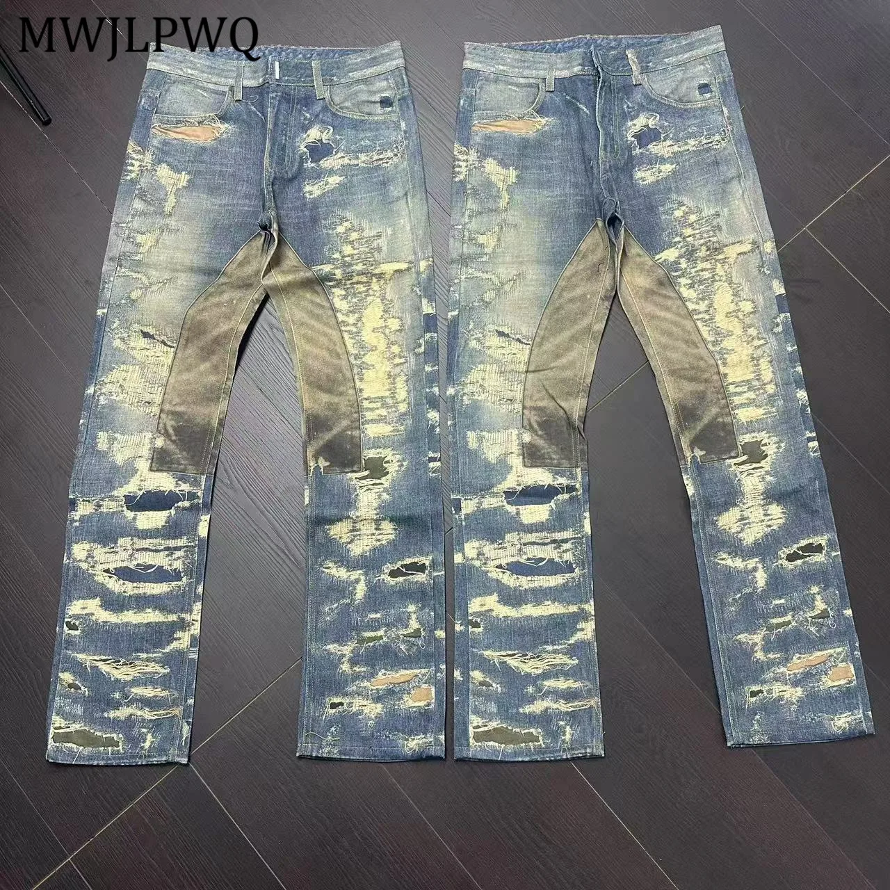 

MWJLPWQ Printing Niched Design Destroy Jeans For Men Spliced Hole Washed Distress Streetwear Independent Straight Pants 11106