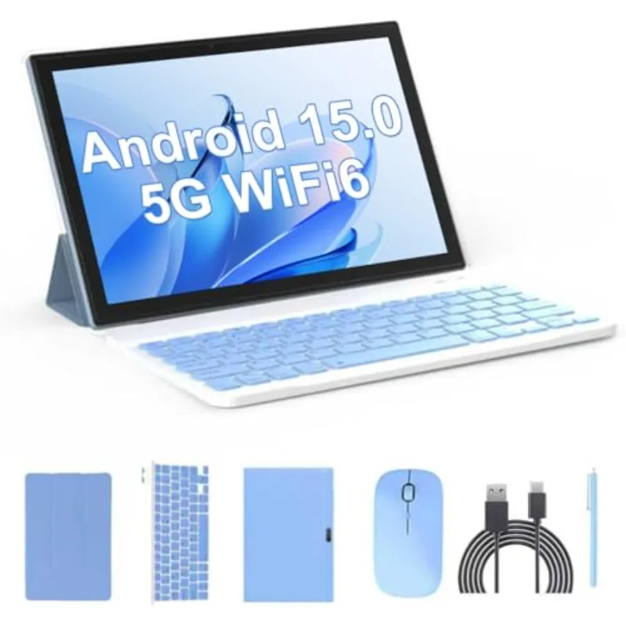 

10 inch Android 15 2 in 1 Tablet with Keyboard Case Mouse Stylus 8GB+32GB Blue Tablet PC HD Touch Screen 6000mAh WiFi6 Bluetoot