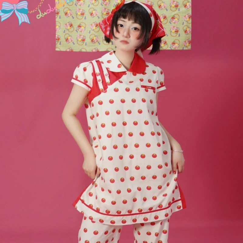 Original Design White Fruit Print Women's Short Dress 2025 Summer New Splicing New Chinese Doll Collar Cheongsam Dressses Ladies