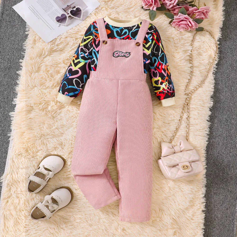 2024 Clothing Set Girls Long Sleeve O Neck Print Heart T-shirt Pink Rompers Cute 2 Pcs Sets Casual Girls Clothes Set 2-7T