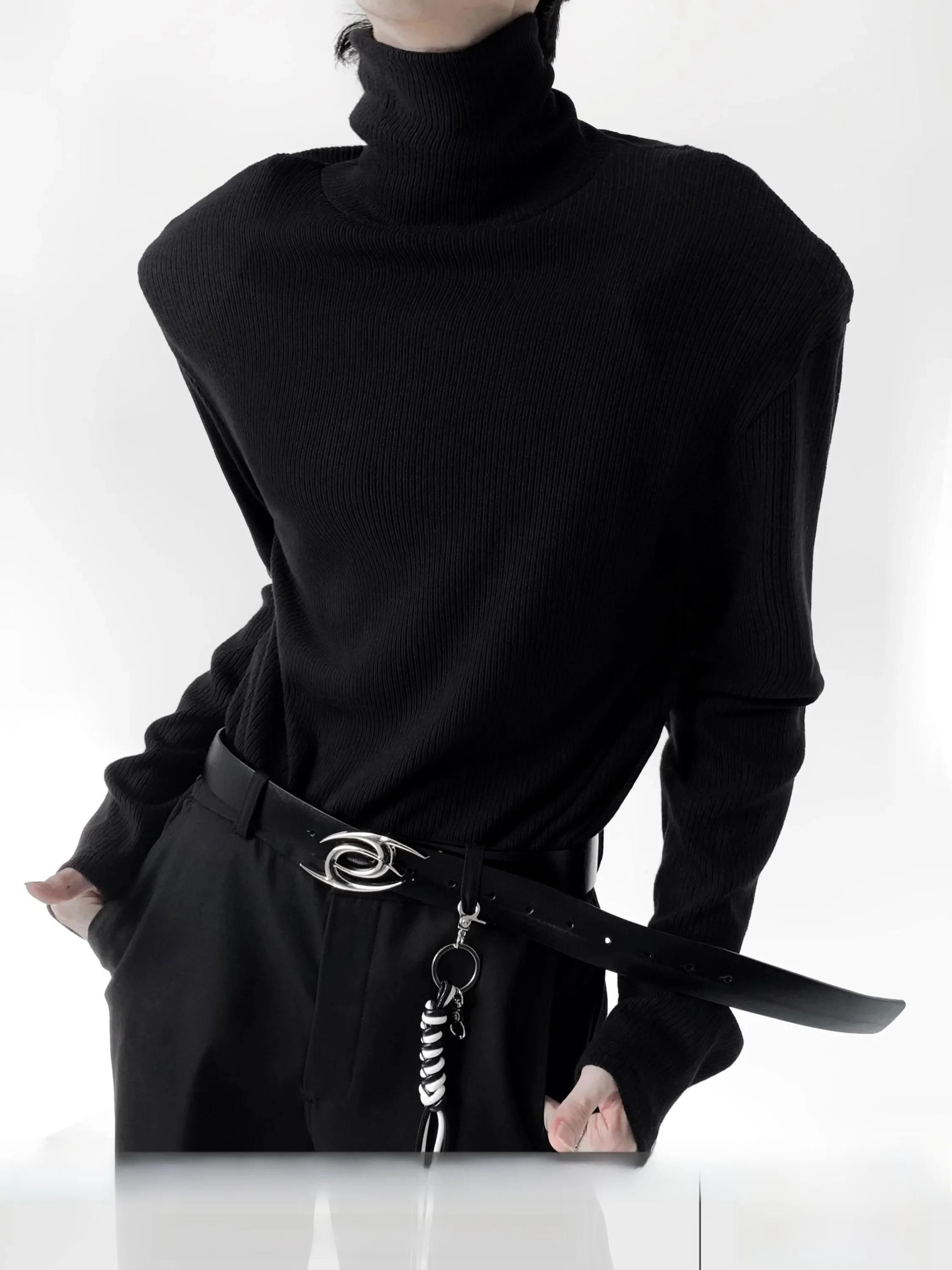 Men's High Collar Thickened Long Sleeve Base Shirt Shoulder Pads Autumn Winter Black Inner Wear  Brand Korean Style