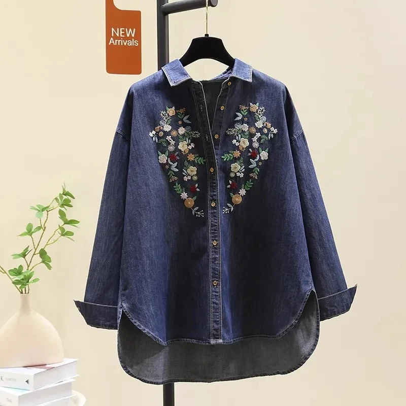 

Spring Summer Embroidered Blue Denim Shirt Women'S Jacket 2025 New Loose Casual Shirt Coat Tops Women Printing Denim Jacket