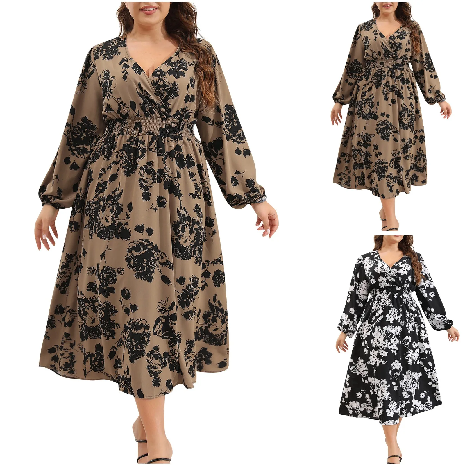 Plus Size Casual Dress Woman 2023 Autumn V dekolt krótki rękaw długa sukienka z kwiatowym wzorem czarna, zakrzywiona odzież damska