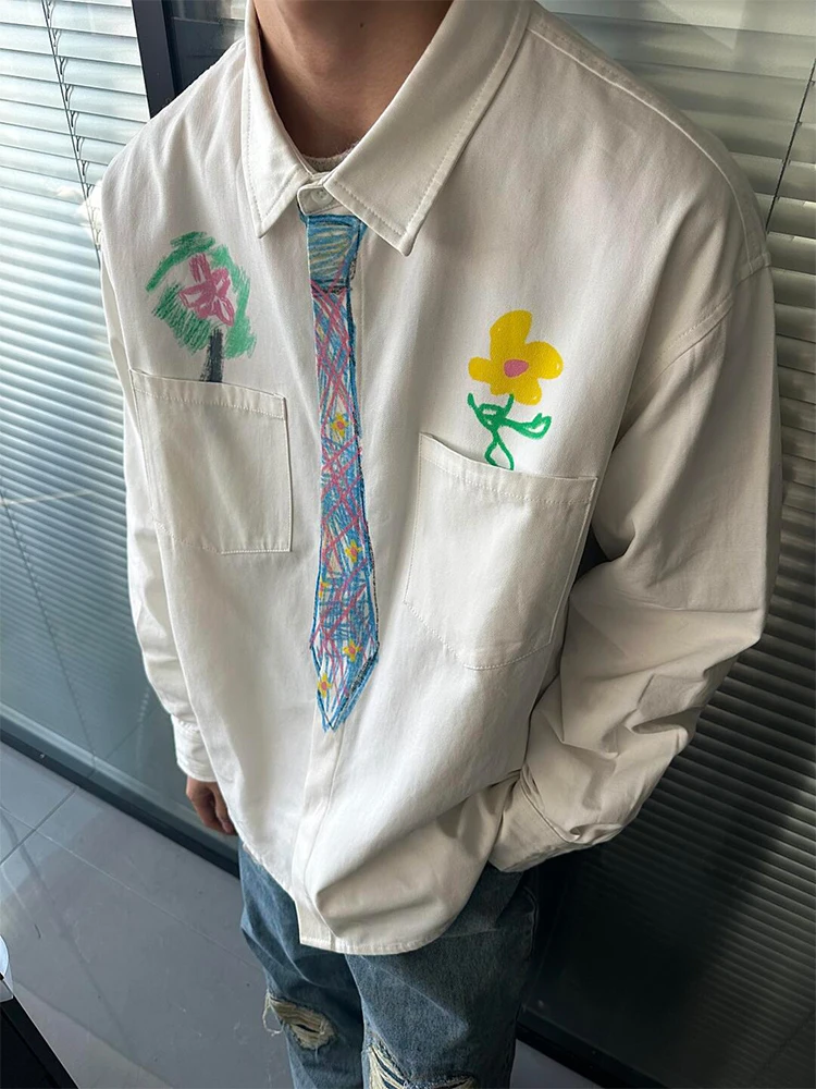 

Creative Hand-Painted Tie White irt Men's Sle Spring 2025 College Faion Long Sve Loose Fit Iron-Free Casual irt