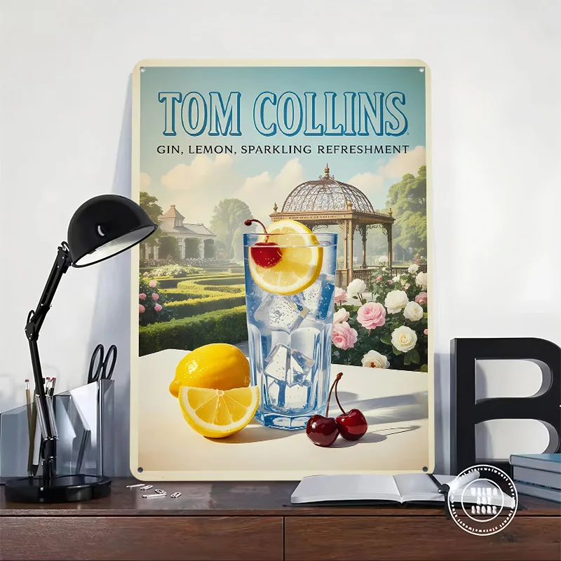Tom Collins Cocktail Advertisement Printing Poster Customized Retro Wall Art Vintage Metal Signs for Mancave Bathroom Decor Home