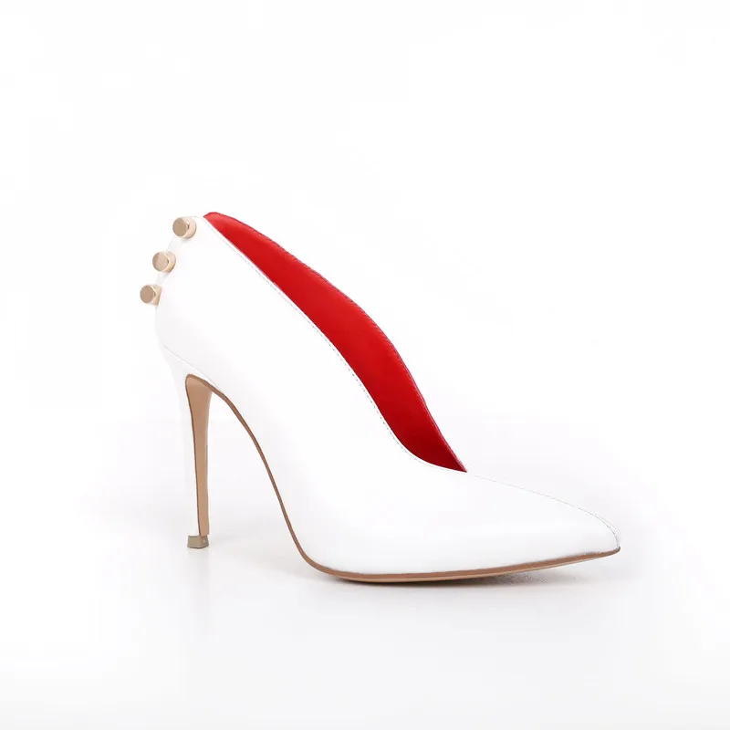 

White/red Mixed Color Pumps Metal Decoration Buckle Back Cover Stiletto High Heels Slip On Pointed Novel Sexy Women Pumps