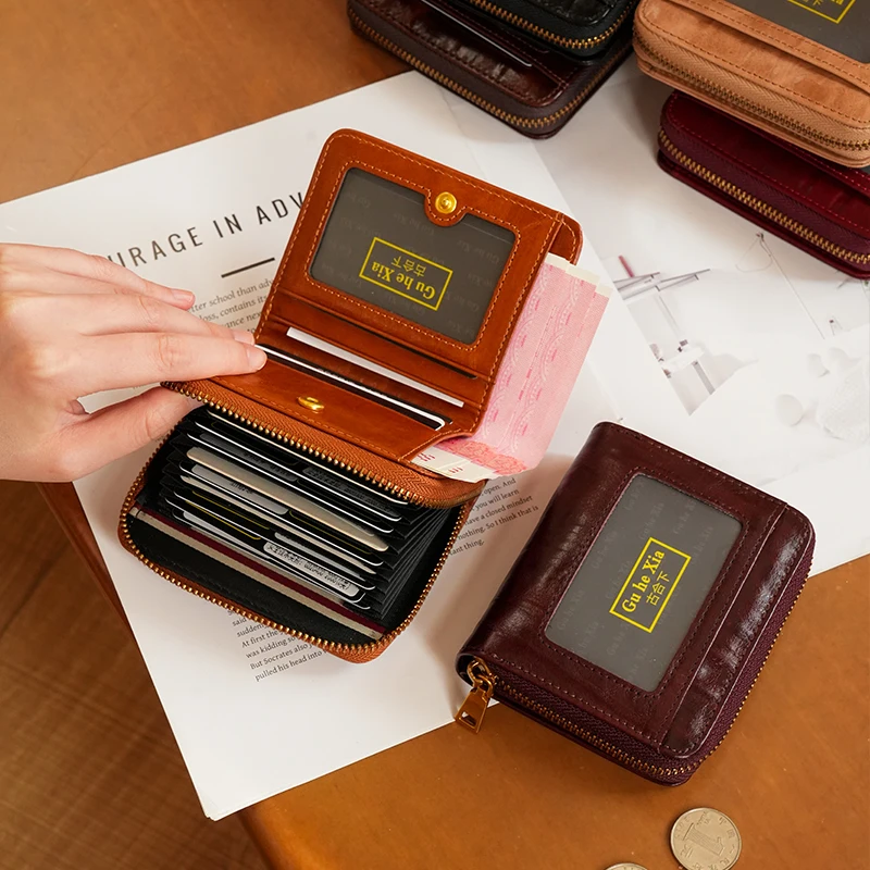 retro-american-oil-wax-leather-women's-short-wallet-license-card-holder-multi-slot-zipper-coin-portable-storage-money-clip