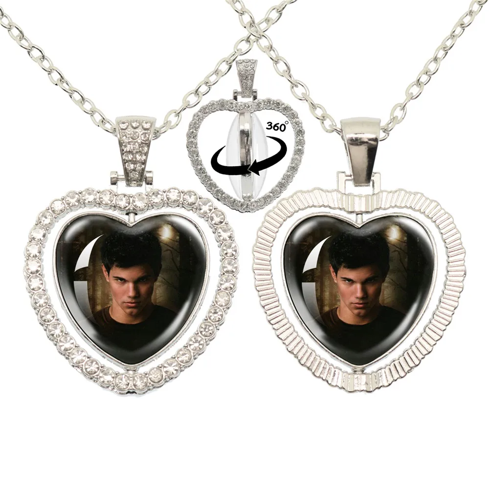 Twilight Movie Glass Heart Pendant Double Sided Necklace 360 Degree Rotation Men Women Fashion Accessories Jewelry Gift