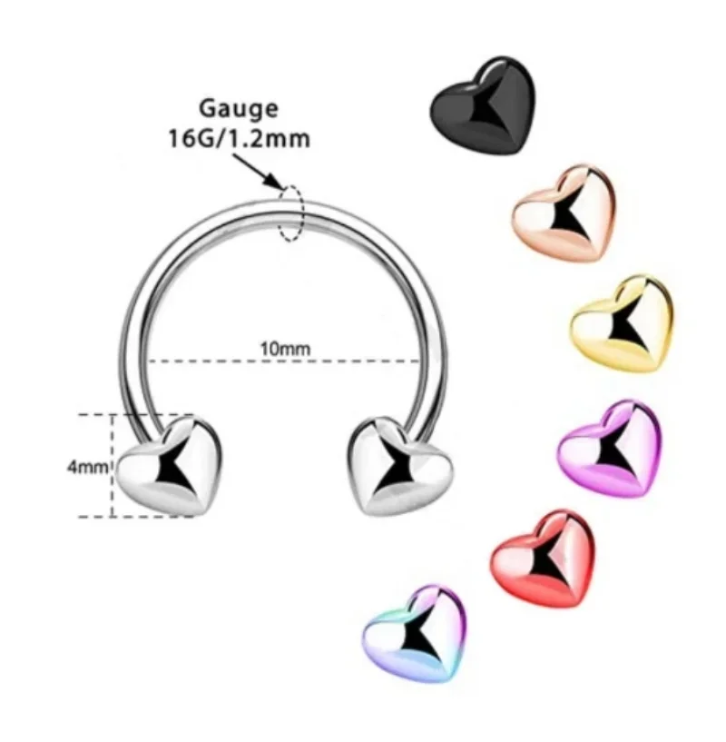 New 16G Heart Hoop Nose Ring Septum Piercing Circular Barbell Lip Ring Ear Cartilage Earring BCR Tragus Helix Body Jewelry