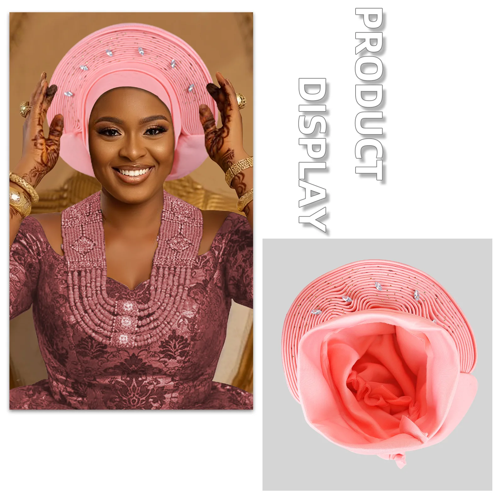 หมวกโพกหัวสำเร็จรูปแบบแอฟริกัน ออโต้เกล สำหรับผู้หญิงชาวไนจีเรีย งานแต่งงาน ผ้าโพกศีรษะมุสลิม ฮิญาบ หมวกคลุมผม ผ้าโพกหัว เจลส์ หมวกคลุมศีรษะ
