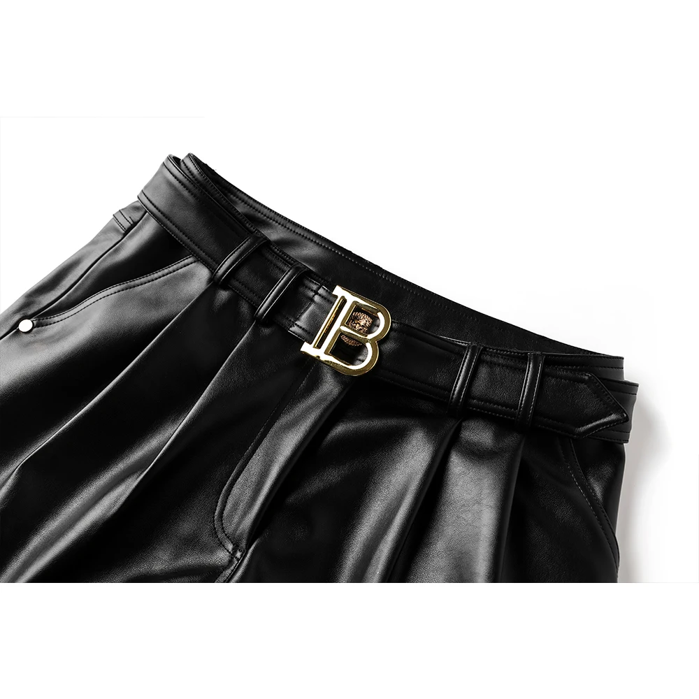 New Autumn Collections High Quality PU Leather Black Women Shorts with Belt All-mtach Casual Female Clothing