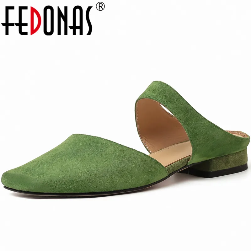 

FEDONAS Newest Low Heels Women Pumps Square Toe Genuine Leather Slippers Mature Elegant Casual Party Shoes Woman Spring Summer