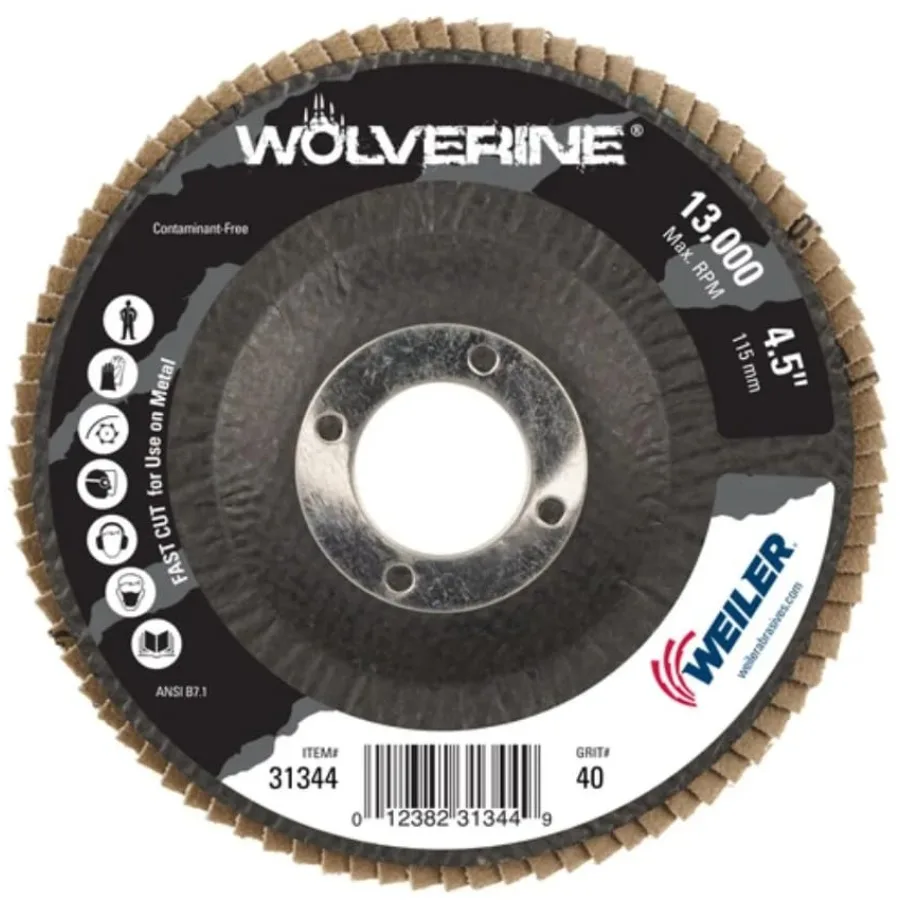 

31344 Wolverine 4-1/2" x 7/8" Arbor Hole Abrasive Flap Disc 40 Grit Zirconia Alumina Bevel Type 29 Phenolic Backing Standard De