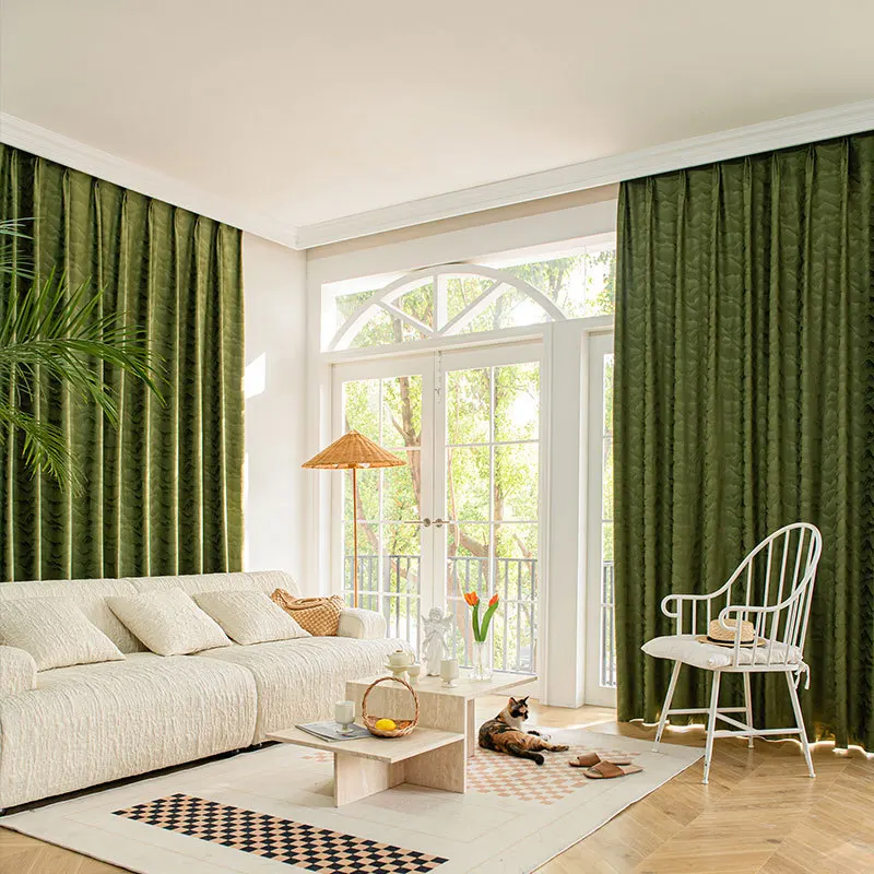 Tende in velluto goffrato oscurante con paesaggio verde di lusso leggero francese per il prodotto finito della camera da letto della sala da pranzo