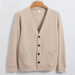 Casual Cardigan Elegant V Neck Men's Cardigan Sweater Coat for Fall Winter Business Style Knitted Solid Color with Buttons