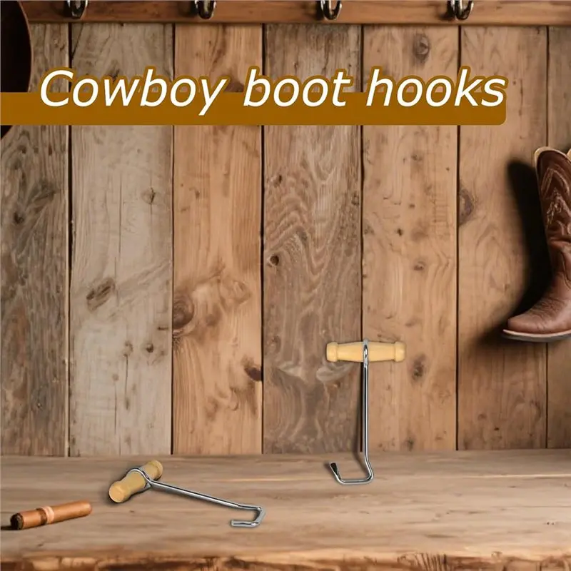 ABGH-Pair Of Metal Shoe Hooks 2 Pcs Wooden Handle Boot Hooks Boot Puller For Effortless Boot Pulling, For Cowboy Boots