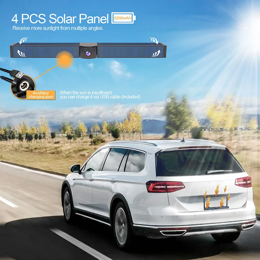 Solar Power License Frame, Backup sem fio, invertendo com linhas de estacionamento, TFT LCD Display Monitor, Easy Fit, TFT