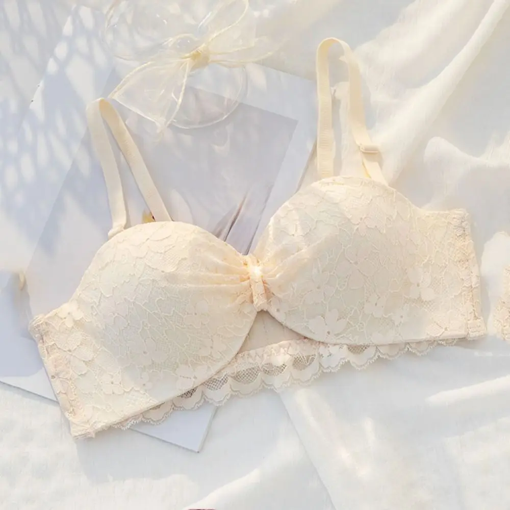 

Close-fitting Mesh Wireless Bra Anti-sagging Shockproof Push Up Underwear Lingerie Sweet Floral Lace Deep V Bra Summer