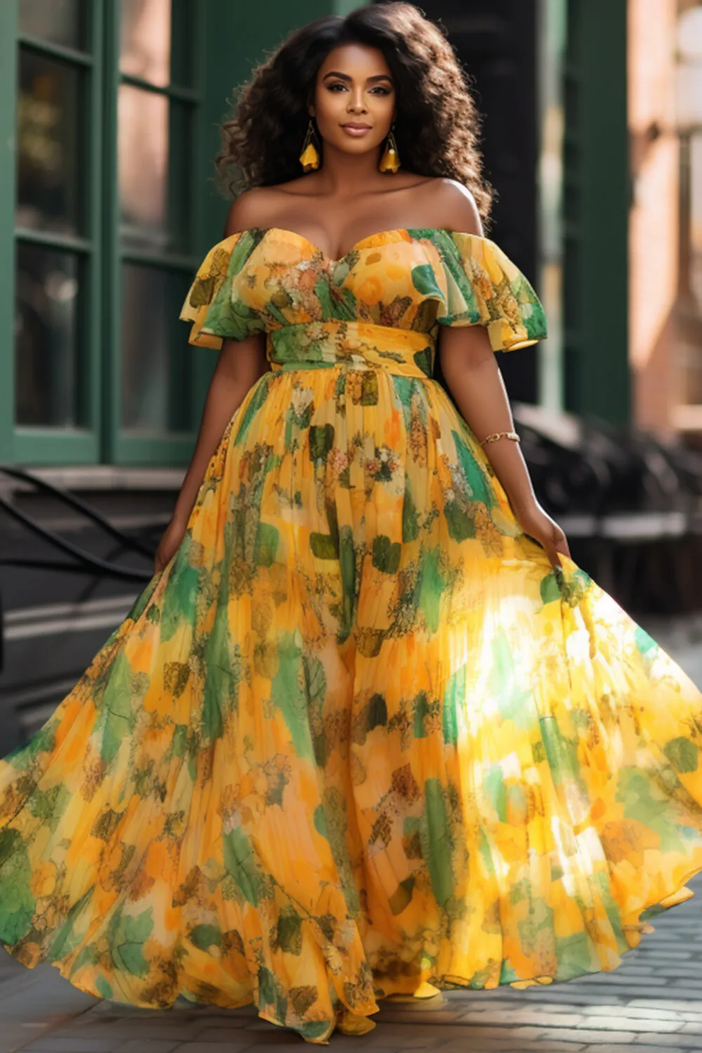 

Plus Size Vacation Yellow Elegant Off The Shoulder Chiffon Maxi Dresses