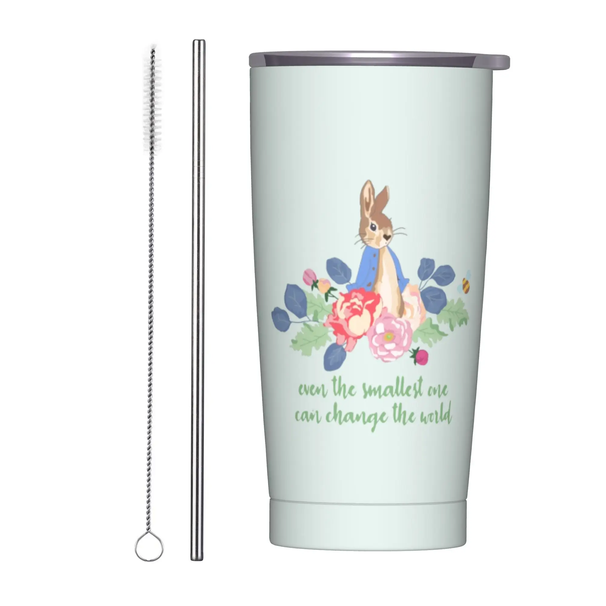 Peter Rabbit Quote Insulated Tumbler with Straws Lid Lovely Rabbit Bunny Pet Print Vacuum Thermal Mug Hot Cold Drinks Cups, 20oz