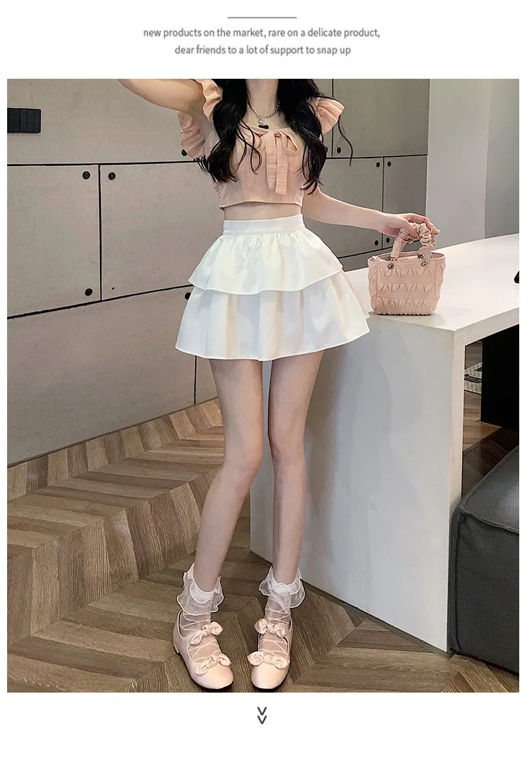 Pure desire cake puffy short skirt summer 2024 new Japanese fashion high waisted slimming A-line ruffled edge pleated skirt