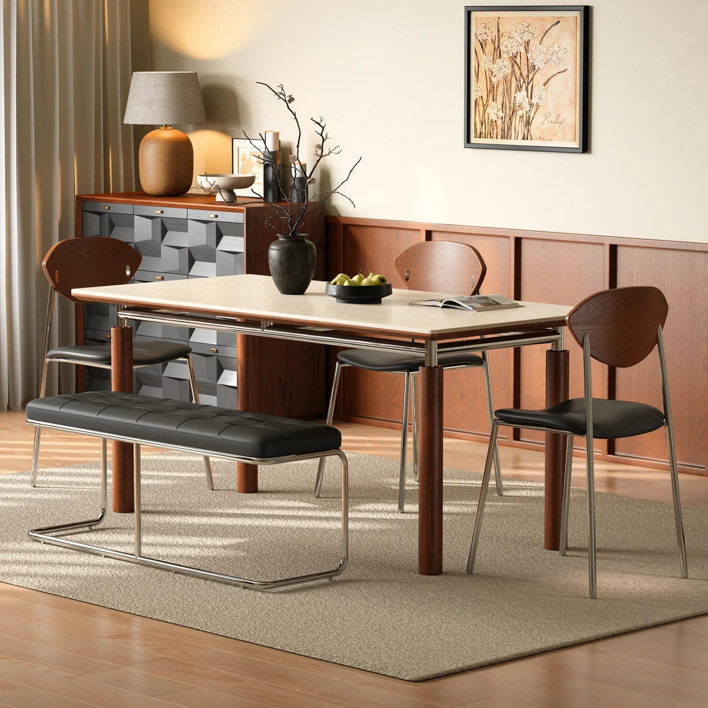 

Bauhaus solid wood rock slab dining table household small apartment French retro Via rectangular cave stone dining table