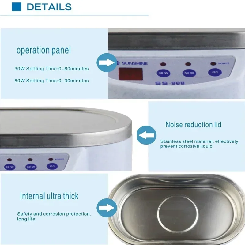 SUNSHINE SS-968 Digital Ultrasonic Cleaner Double Power 30W 50W Intelligent Phone Motherboard Heated Cleaning Machine