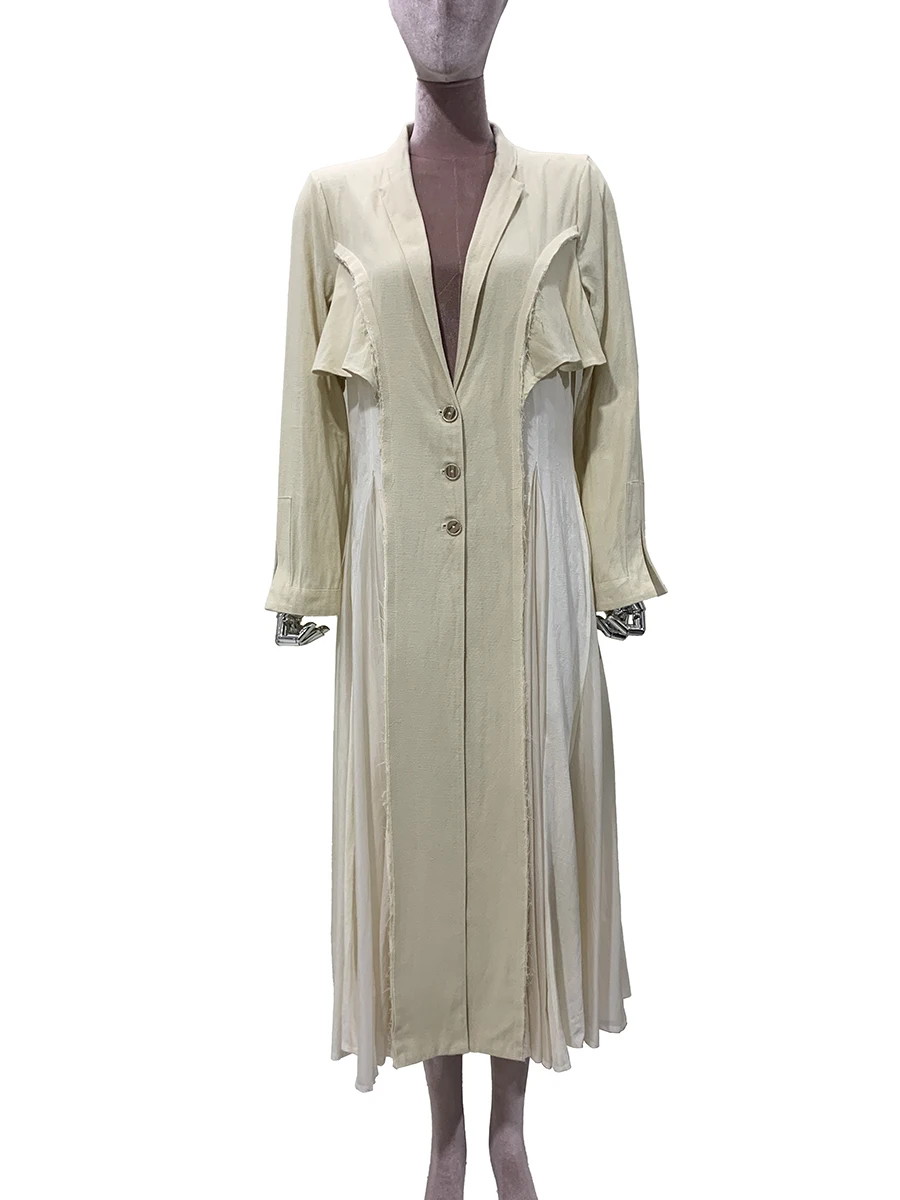 

Весенне-осеннее длинное тонкое струящееся и расклешенное льняное пальто для женщин, однобортное элегантное роскошное дизайнерское пальто, мода 2025