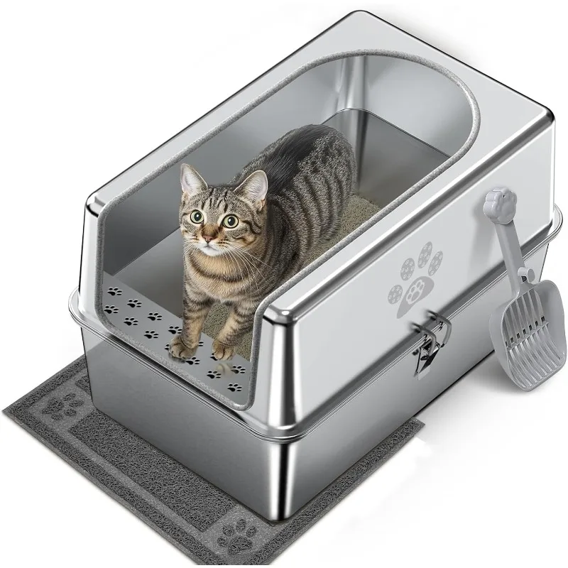 

Enclosed Stainless Steel Litter Box with Lid, Metal Litter Box for Big Cats, Extra Large Cat Toilet with High Side, Non-Stick