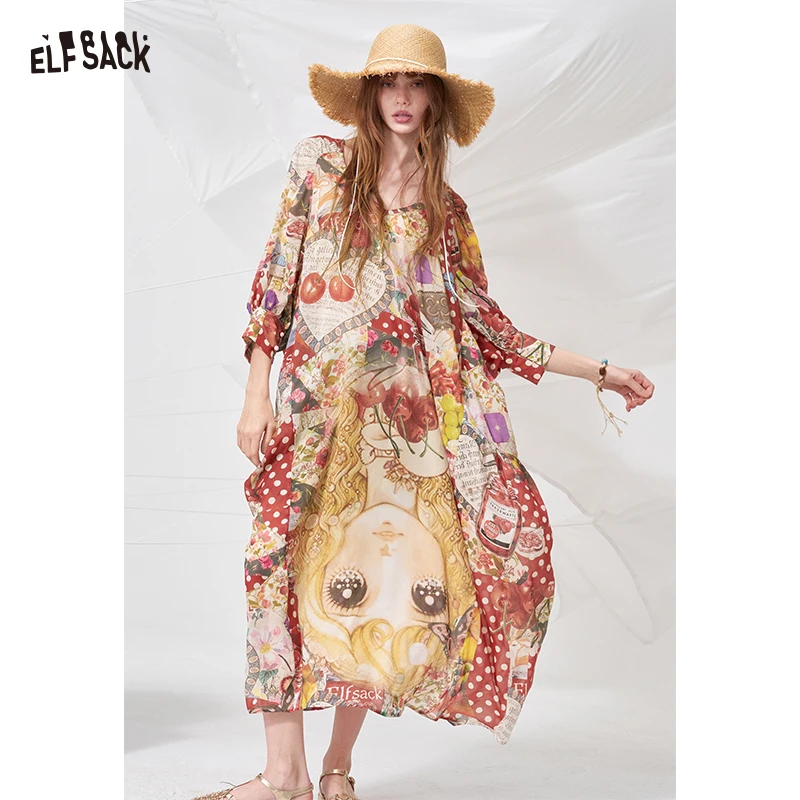 

ELFSACK Cherry Girl Patchwork Print Maxi Dress, Puff Sleeve V-Neck Casual Dress, Sweet Retro Bohemian Dress for Women