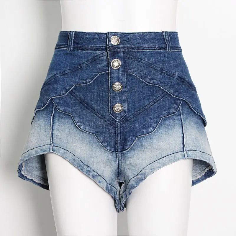New Summer Gradient Color Design Sense Wide-Leg Denim Shorts Women'S High Waist Straight-Leg Casual Meat-Covering Pants