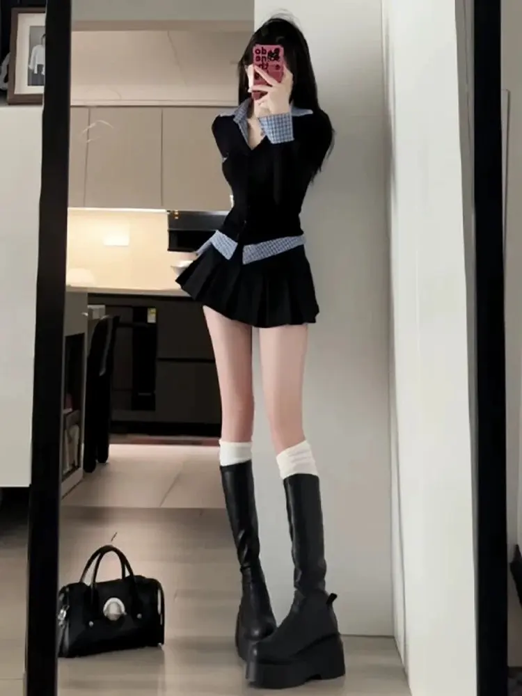 Korean Sweet And Spicy Style College Pre-Spring Plaid Shirt And Skirt Set Women's Fashion Two-Piece Suit  Dress