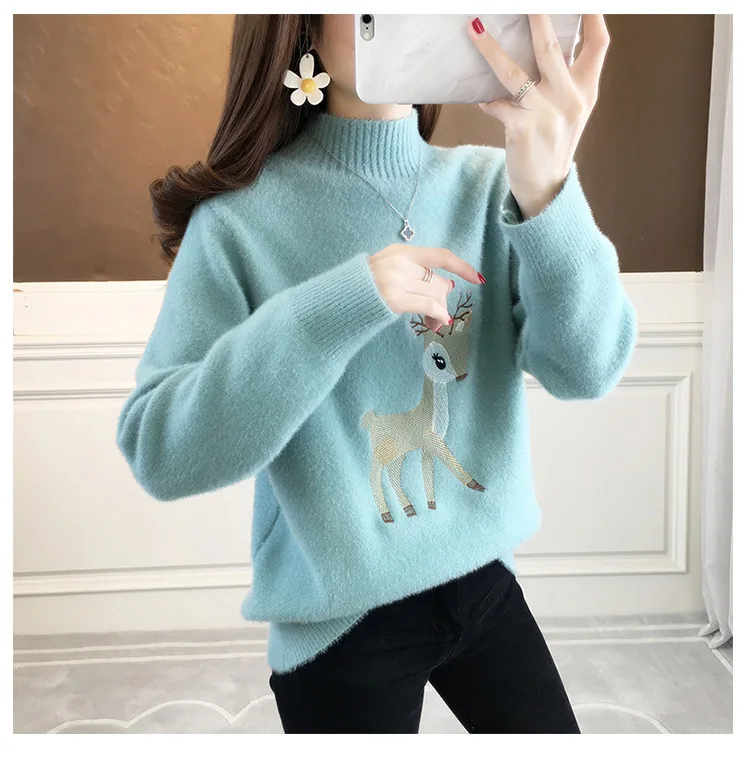 

Casual Deer pattern Dot O Neck Knit Sweater For Women Brown Full Sleeve Loose TOP 2025 Autumn Winter Lady High Street Outerwear