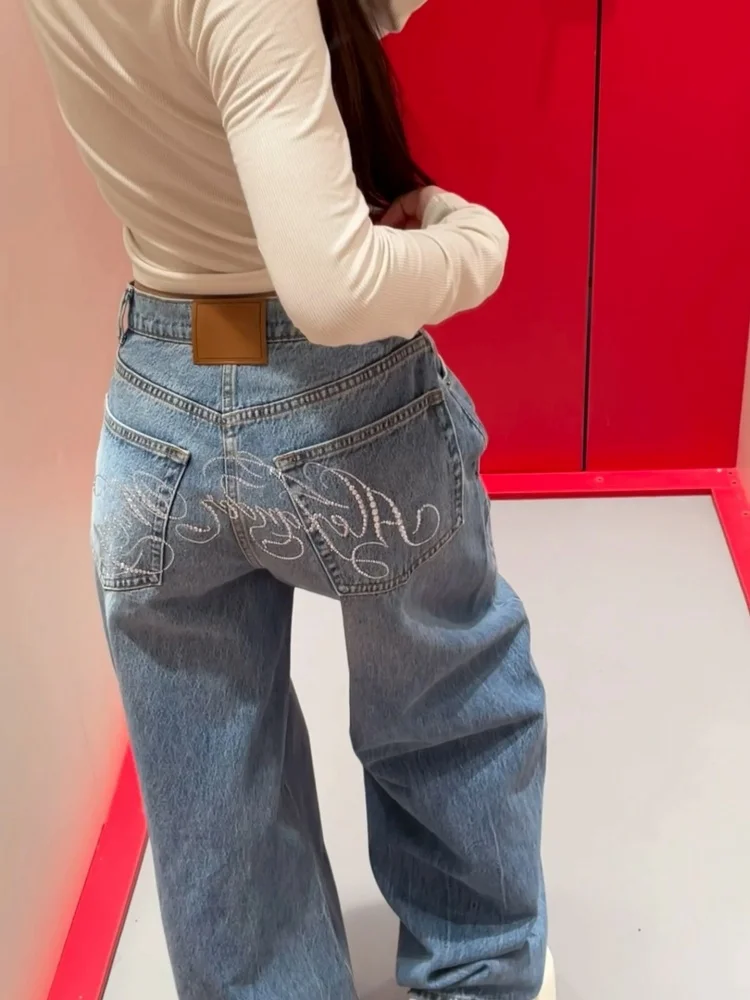 2025 Ropa Y2Kสไตล์Hot Fix Rhinestone Baggyซ้อนกางเกงยีนส์กางเกงผู้หญิงเสื้อผ้าหรูหรากว้างขาLady Denimกางเกง