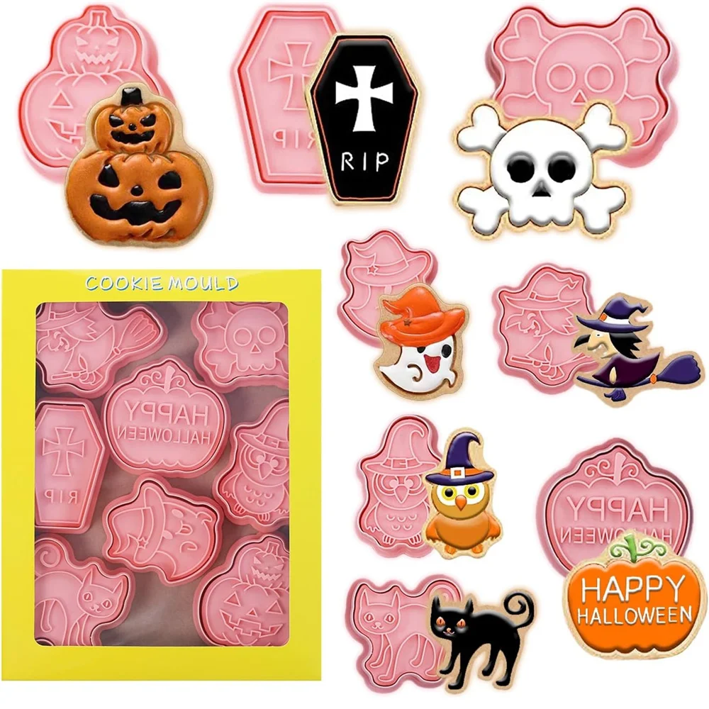 

8 Halloween Cookie Cutters, 3D Spooky Raised Design Cookie Stamps, Cookie Cutter Set Frosting Decoration, Day of the Dead Decora
