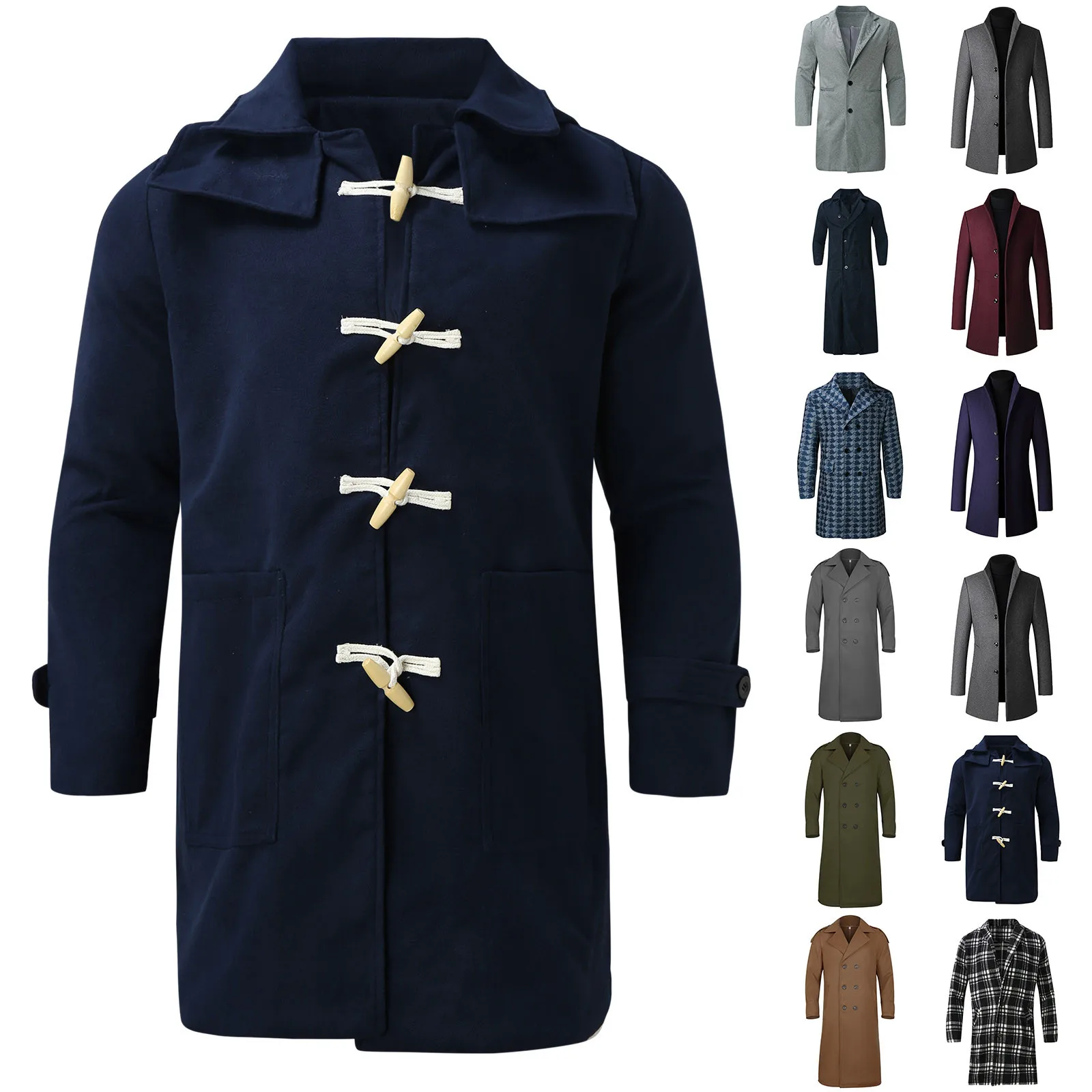 Men Windbreaker Coats Horn Button Solid Color Lapel Slim Mid-length Overcoat 2024 Autumn Winter New Warm Trench Jackets For Men