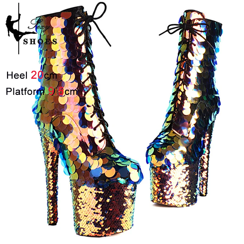 20CM Extreme High Heels Nightclub Sexy Knight Boot Pole Dance Stripper Shoes Sequined Platform Boots For Women 8Inch Short Botas