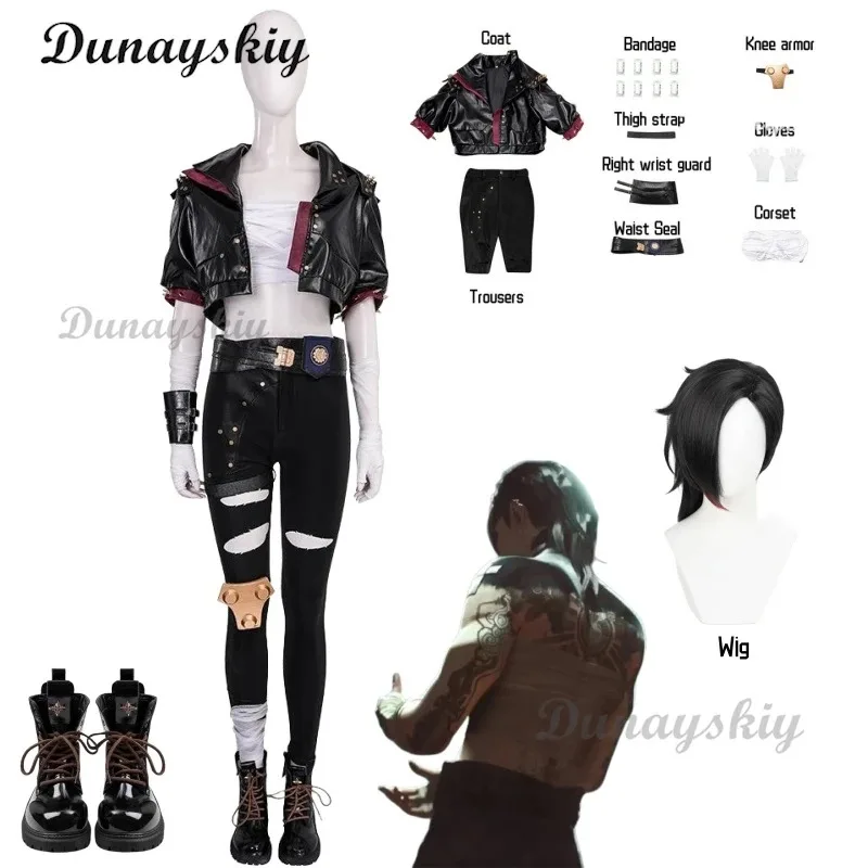 

Vi Acrane Cosplay LOL Costume Game Arcane Season 2 Vi Cosplay Wig Pu Leather Black Coat Women Halloween Carnival Customized