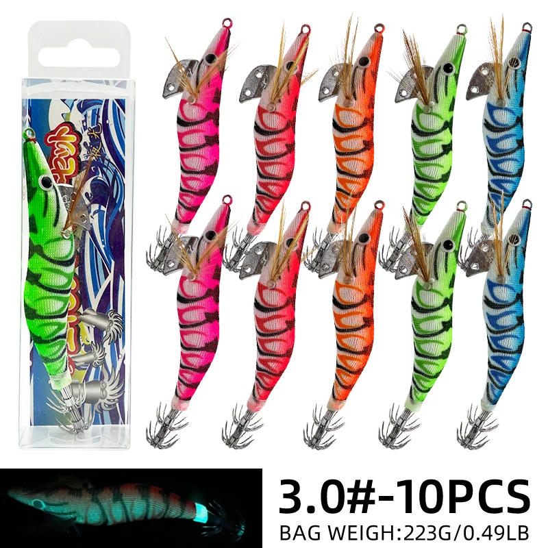 ShareShark 10 stks/partij Vissen Hout Garnalen Lichtgevende Inktvis Octopus Lokken 3D Ogen Lokken Harde Aas Vissen Gereedschap