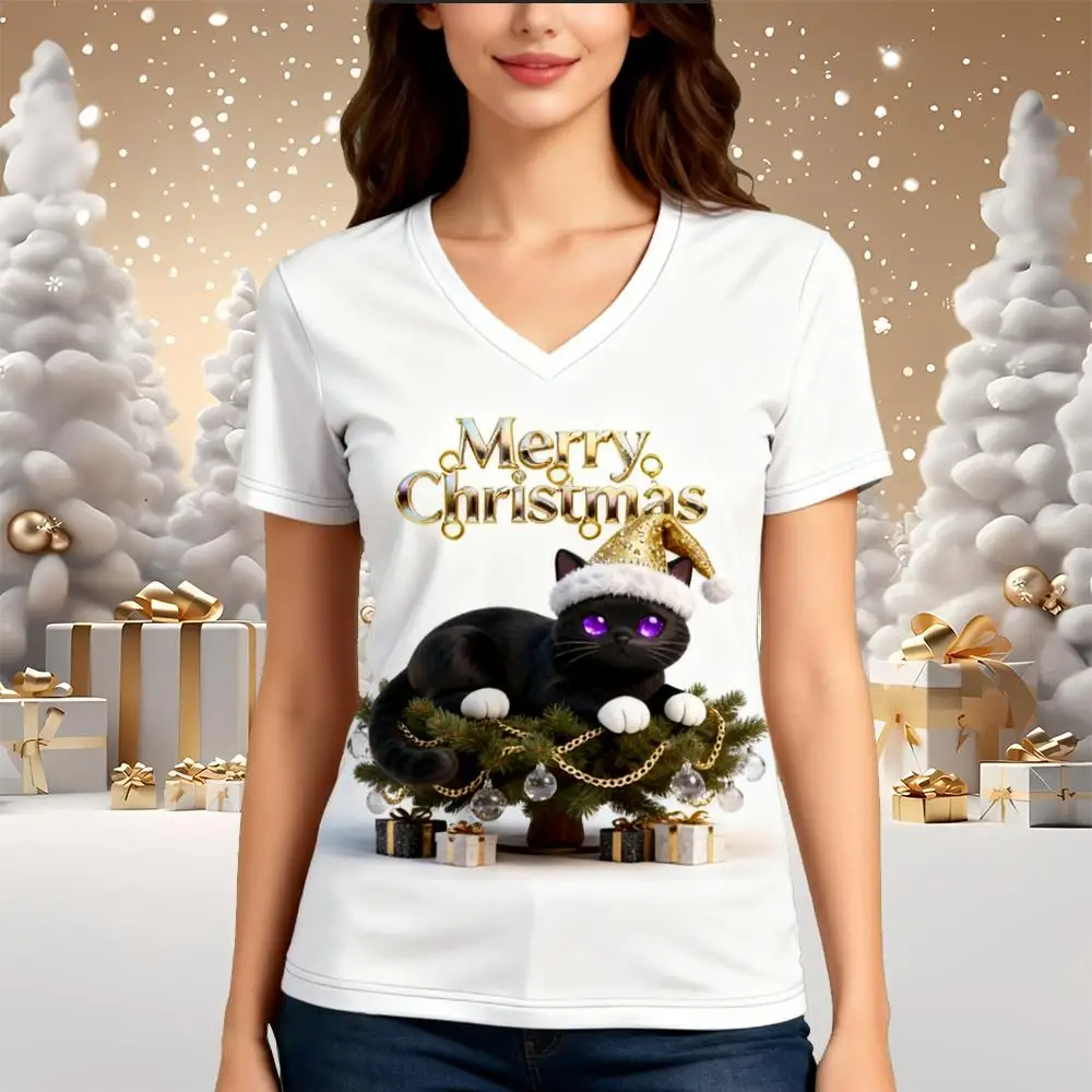 

Christmas Cute Cartoon Cat T-shirt Women Slim Fit V-Neck Short Sleeve T Shirts Festival Street Trendy Casual Harajuku Style Tops