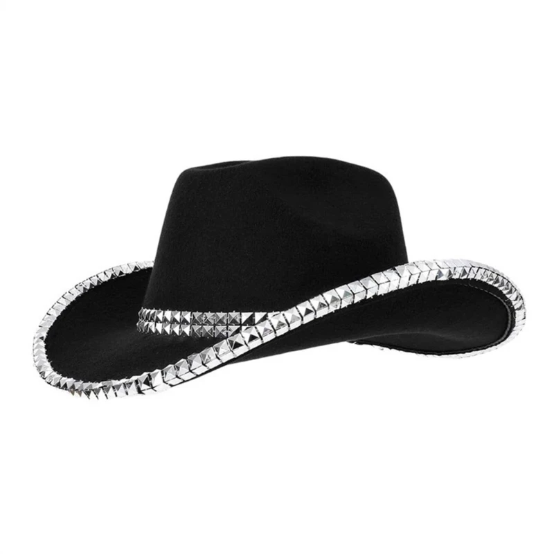 Plain Color Cowboy Hat Wedding Bride Woman Hat with Glitter Rivet Trim Applique for Banquets Party Cowboy Hat for Teen