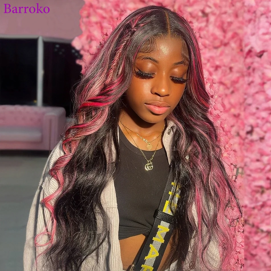 Barroko Highlight 1B Pink With Red Colored 180% Body Wave Wig 13x6 Transparent Lace Frontal Wigs Human Hair For Women Brazilian