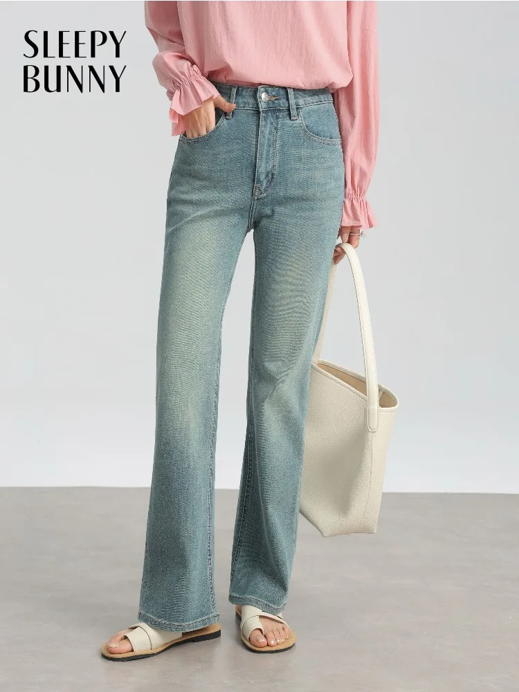 

Классические винтажные джинсы, женские эластичные прямые джинсовые брюки, синие брюки с высокой талией в стиле ретро с выцветшими стилями, повседневный облегающий стиль