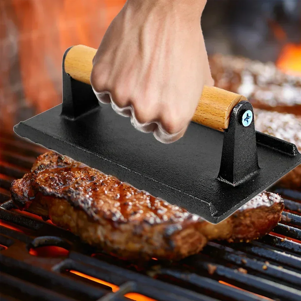 

Kitchen Heavy Meat Press Griddle Cast Iron Burger Tool with Wooden Handle Kitchen Pressing Frying Pan Stainless Steel